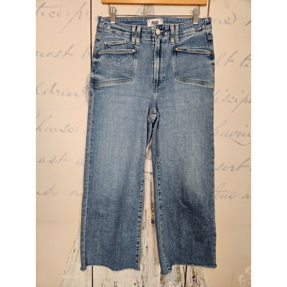 Paige Anessa High Rise Wide Leg Raw Hem Jeans Blue Size 29 Distressed Pockets